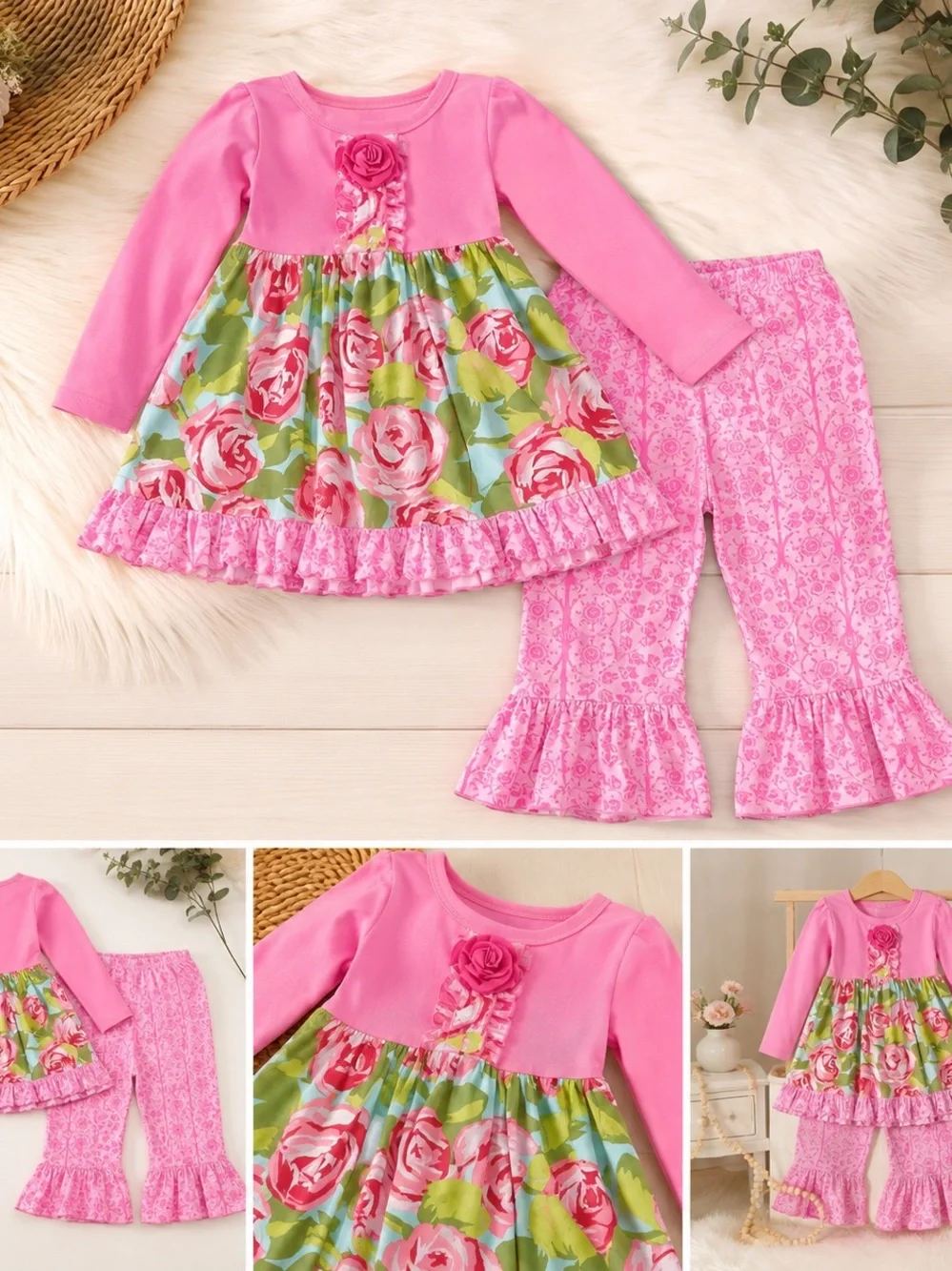 Giggle moon Pink Floral Ruffle Dress and Pants Set size 24 months